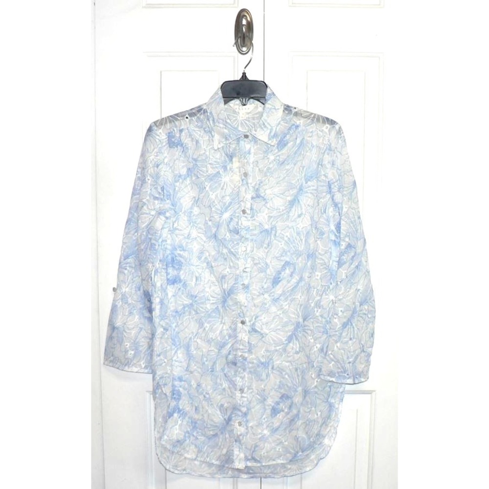 Adiva Button Front Roll Tab Long Sleeve Eyelet Tunic/Cover-Up Blue & White Small
